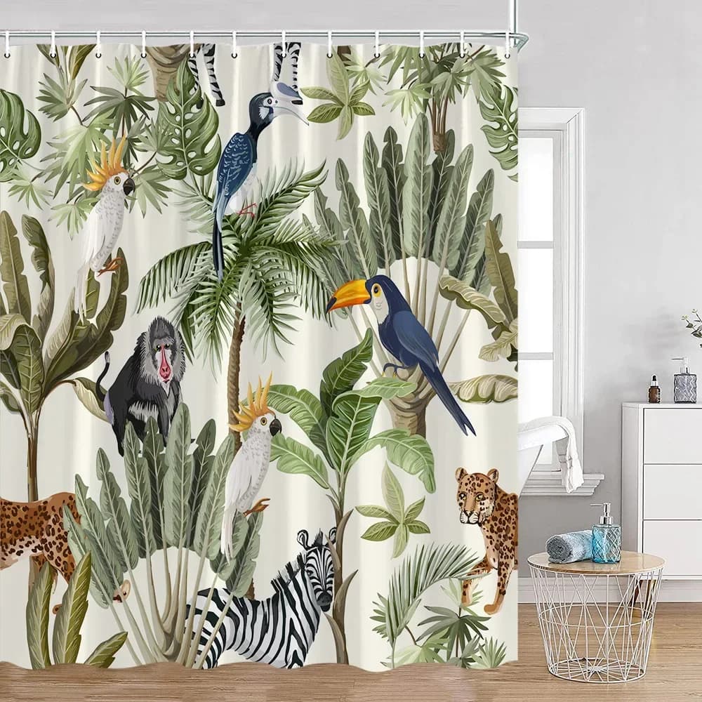 Tenda da doccia per animali tropicali Leopardo Animale selvatico Fenicottero Pappagallo Zebra Pianta verde Foglia di palma Decorazione per tende da bagno