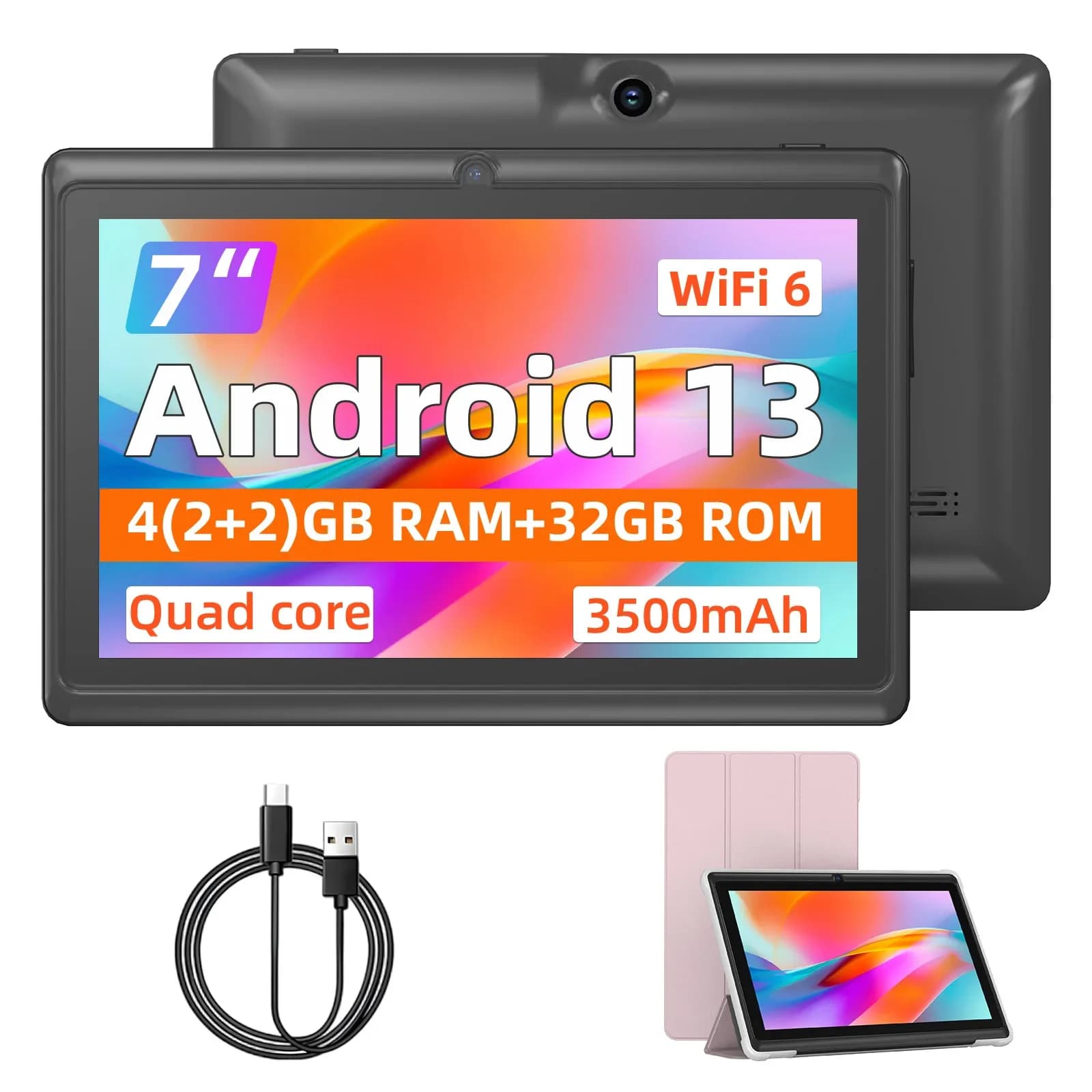 7-Inch Android 13 Tablet, 4 (2+2) GB RAM, 32GB Storage, 3500mAh Battery, HD 1024x600 IPS Display, Dual Cameras, WiFi, Bluetooth
