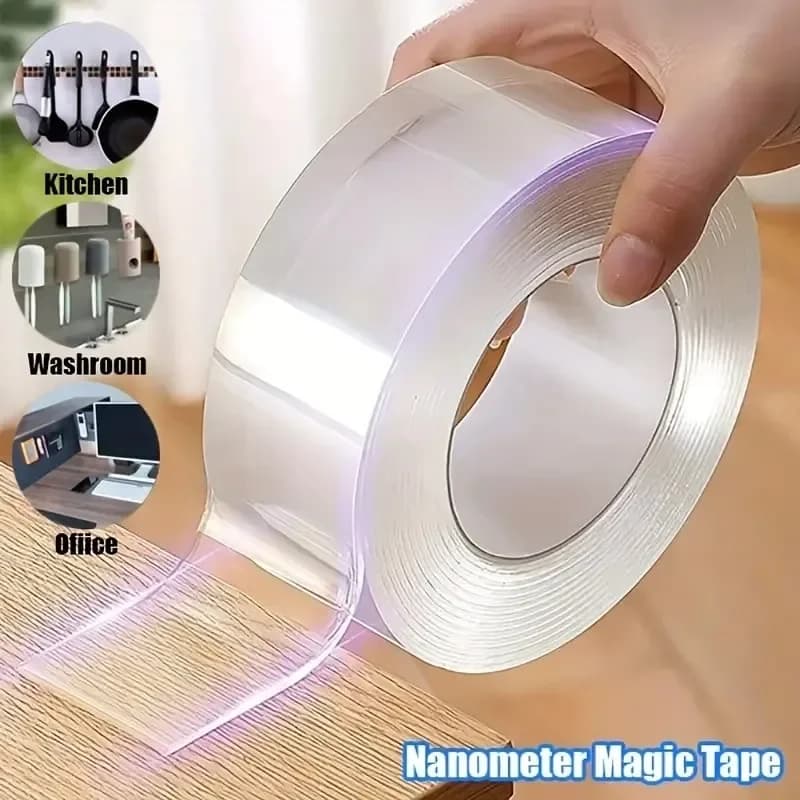 1 transparent biadhesive nano tape roll, waterproof wall stickers, heat resistant reusable for home