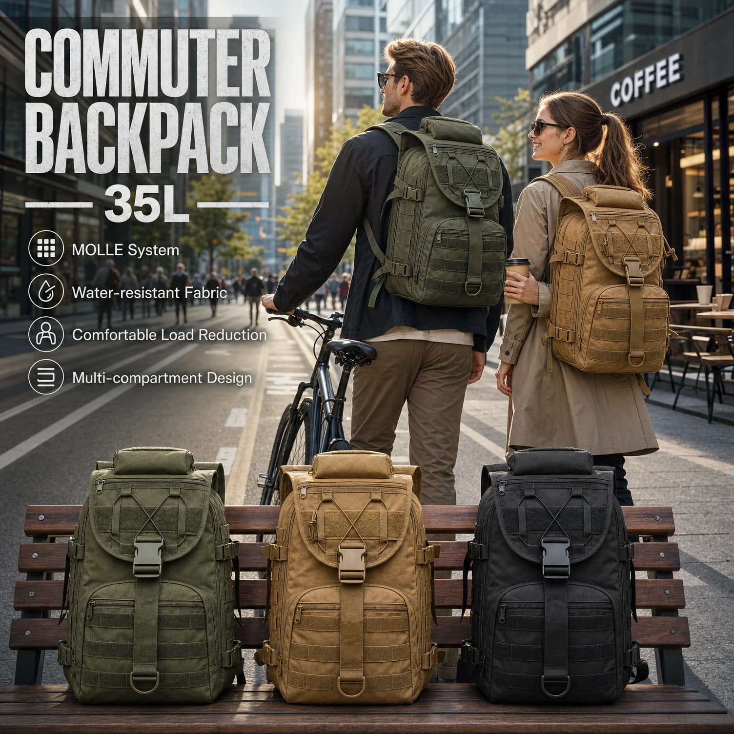 35L Men's Tactical Commuter Backpack with MOLLE System & Multi-Compartment Design, Waterproof Oxford Fabric for Daily Travel Work School Laptop Bag