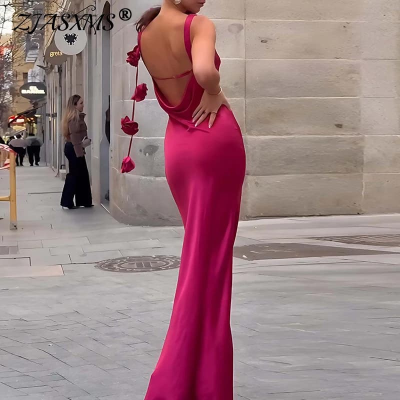 Abiti da festa lunghi da ballo lunghi solidi alla moda Abito da donna per il tempo libero Abito senza maniche sexy senza schienale Abito estivo con decorazione floreale