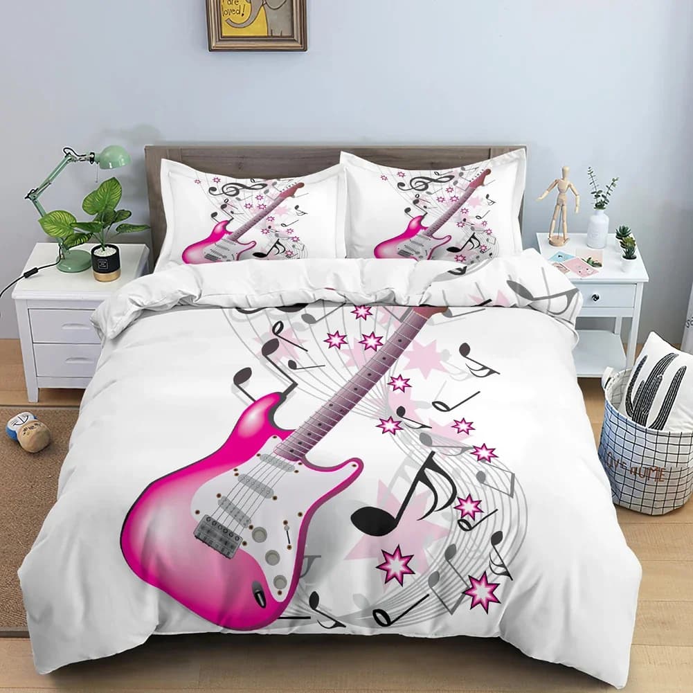 Set biancheria da letto con stampa 3D Copripiumino per chitarra per neonati Bambini con federa Copripiumino Nota musicale Copripiumino in poliestere