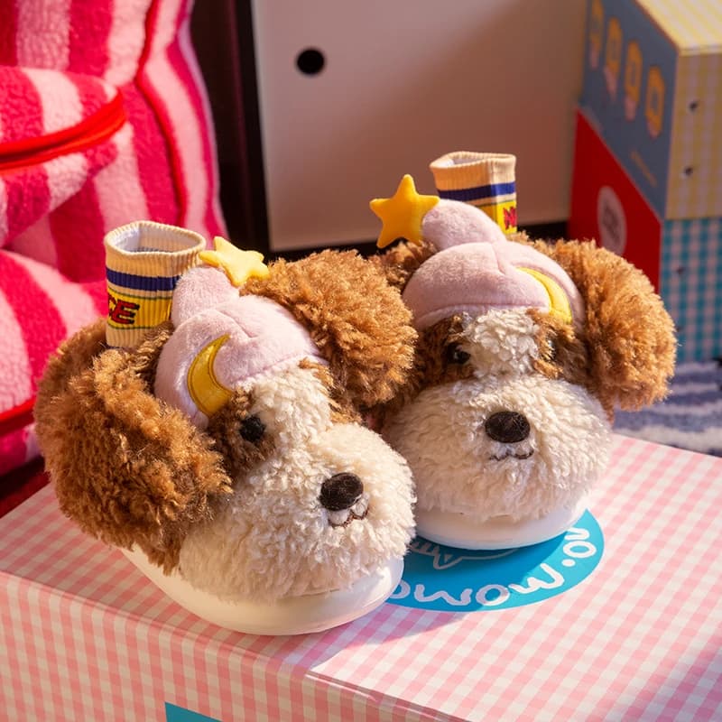 SHAJI Women Cute Cartoon Dog Closed‑Toe Plush Slippers, Winter Warm Fluffy Non‑Slip Cozy Indoor Home Bedroom House Shoes