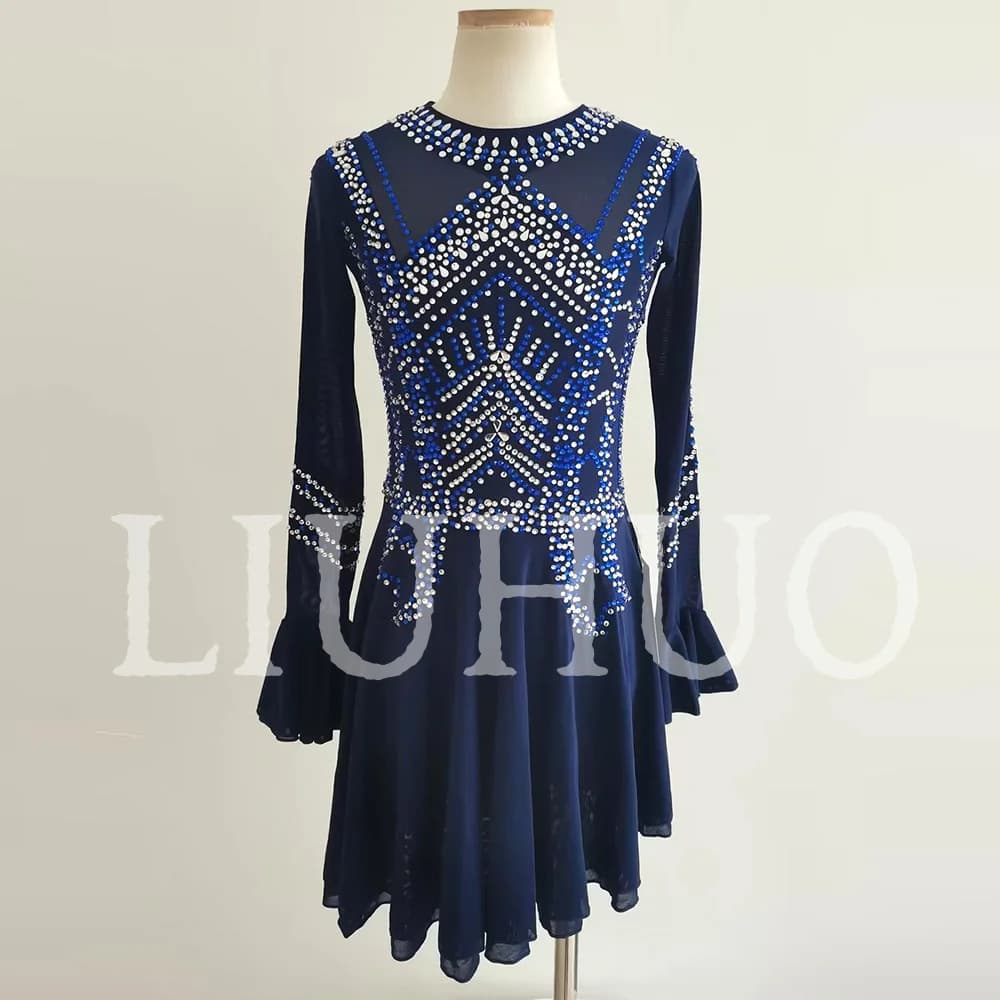 LIUHUO Abito per Pattinaggio Artistico su Ghiaccio per Ragazze Donne Adolescenti Elasticizzato in Spandex Blu Navy per Competizione Vendita all'Ingrosso BD1750