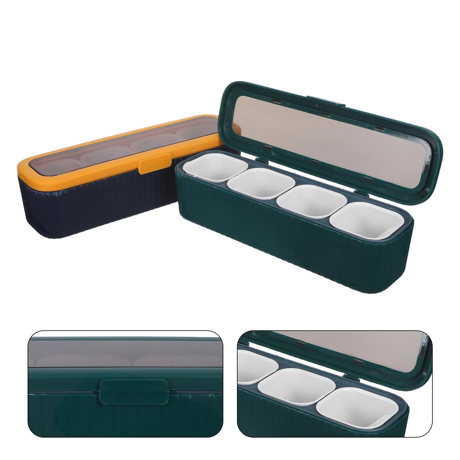 Set di 2 Barattoli per Spezie Trasparenti a Quattro Scomparti con Coperchi e Cucchiai Dedicati, Contenitore Compatto Sigillato per Condimenti da Cucina