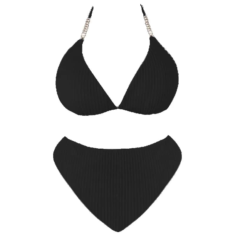 Bikini Originale a Vita Alta Blu Chiaro Taglie Forti, Set Costume da Bagno Sexy Bianco e Nero con Scollo a V Stile Spice Girl