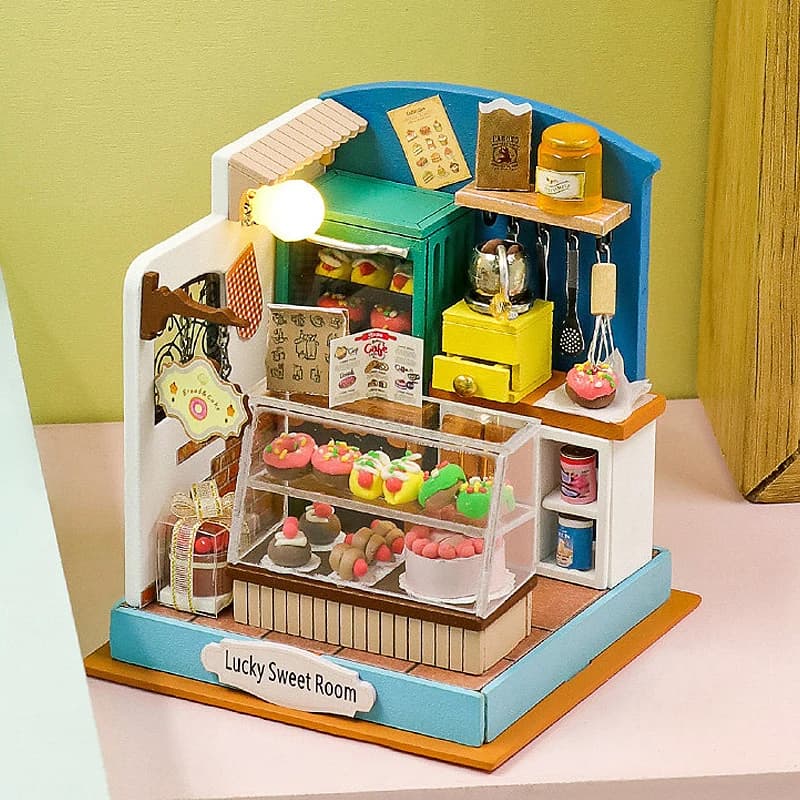 Caffetteria Mini case delle bambole in legno Kit di costruzione di assemblaggio di puzzle 3D in miniatura con mobili Giocattoli per case delle bambole a LED per regali per bambini