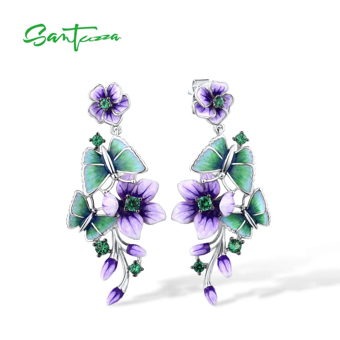 SANTUZZA Orecchini a bottone in argento sterling puro 925 per le donne Fiore viola e farfalla Spinello verde Gioielleria raffinata Smalto fatto a mano