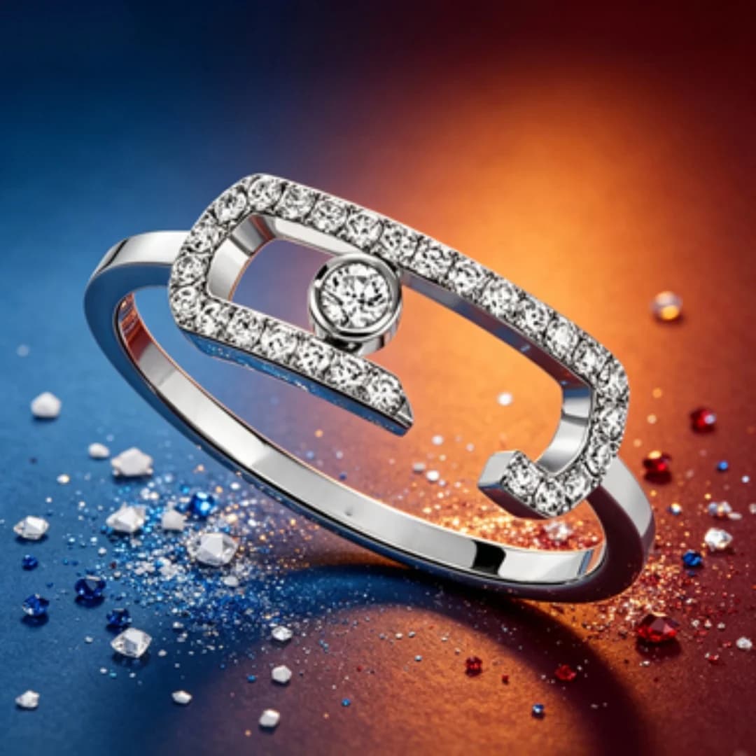 Anello in Argento a Doppio Strato con Diamanti, Anello Scintillante di Lusso
