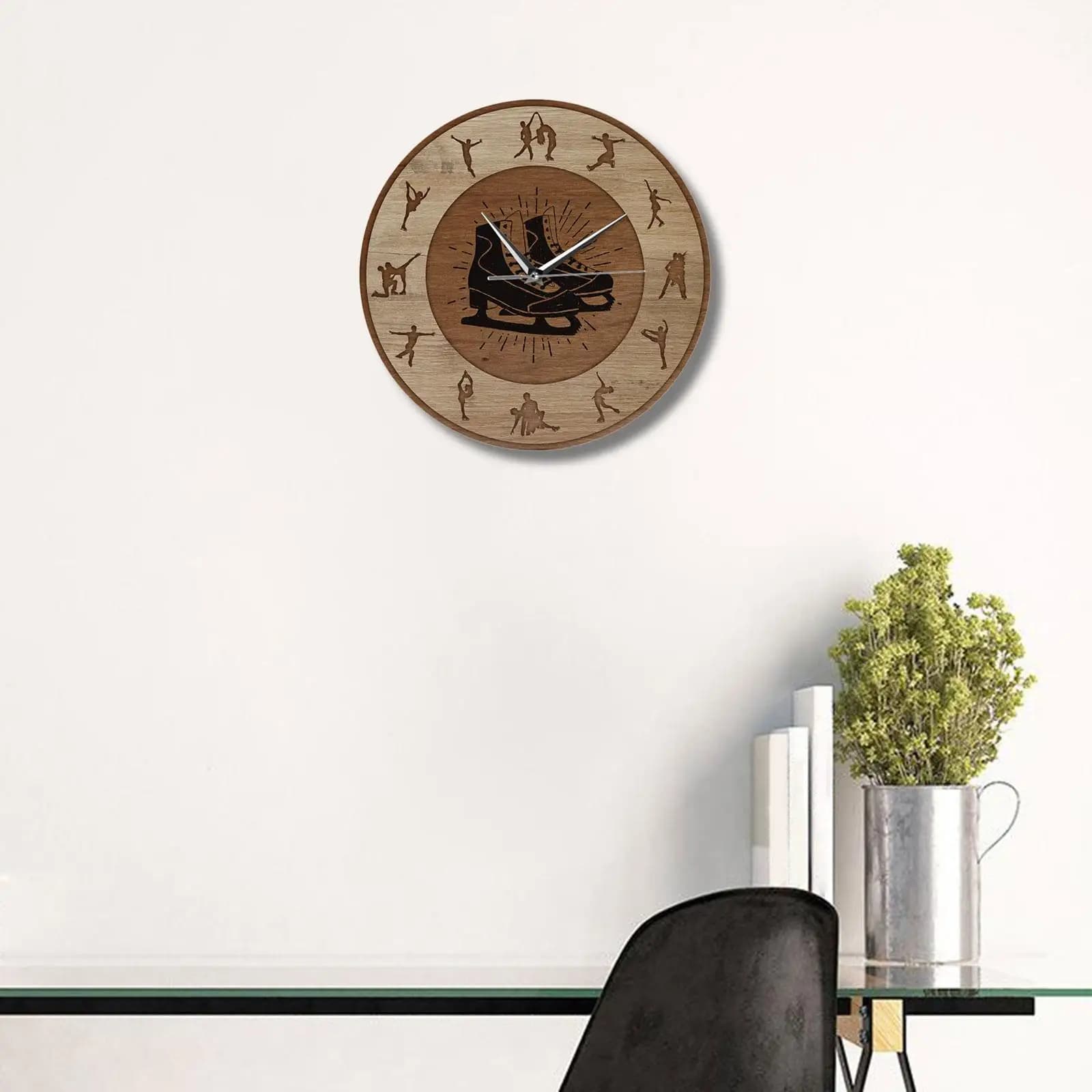 Brown Creative Wall Clock with Ice Skating Silhouette, Silent and Exterior for Bathroom, Bedroom, Home & Office