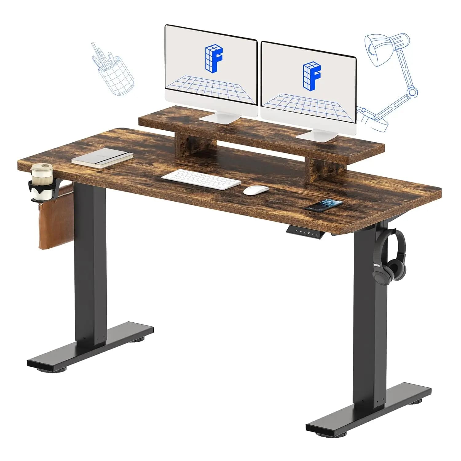 Scrivania Elettrica Regolabile in Altezza 55x24 Pollici con Supporto Monitor e Portabicchieri, per Ufficio Domestico, Stile Rustico, Personalizzabile