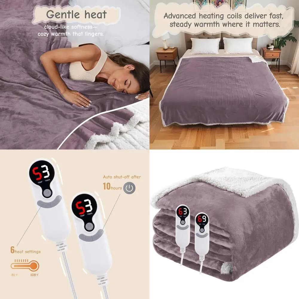 Coperta elettrica Queen Size 84x90, flanella viola, doppi controlli, 6 livelli di calore, timer 10 ore, protezione da surriscaldamento