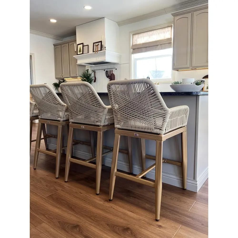 Outdoor 24 Counter Height Bar Stools Chair Set of 2, All Weather Rattan and Aluminum Patio Bar Stool with Cushion for Indoor an