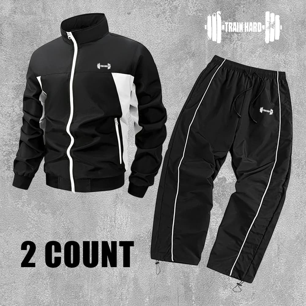 Men's Stand Collar Jacket And Trousers 2 Piece Set With Fun Dumbbell Print Casual Sports Suit For Outdoor Fitness And Running