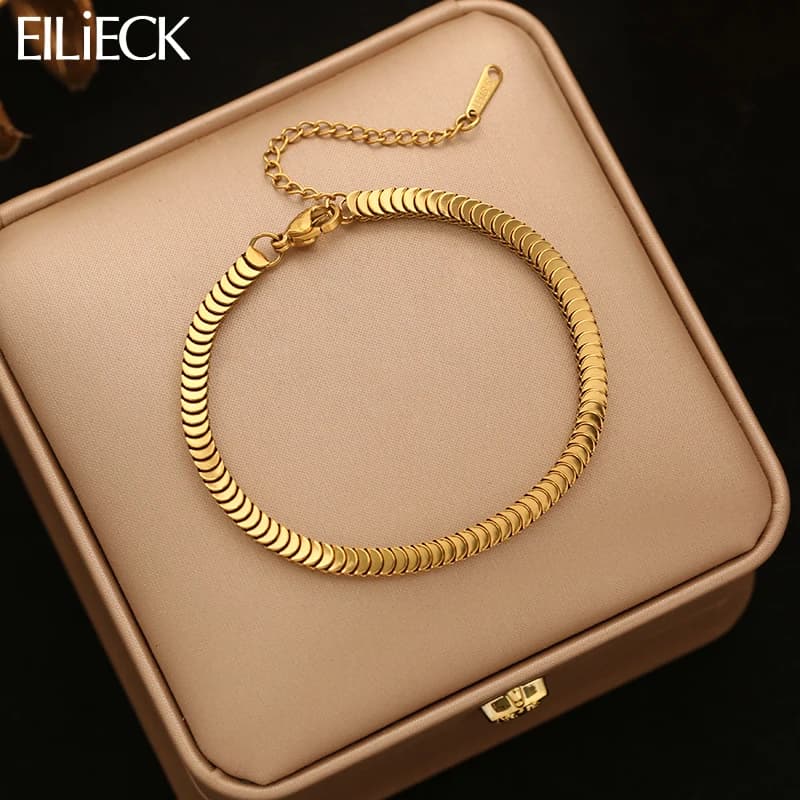 EILIECK Stainless Steel Handmade Fashion Chain Bracelet For Women 18K Gold PVD Plated Rust Proof Textured Unisex Jewelry Gift