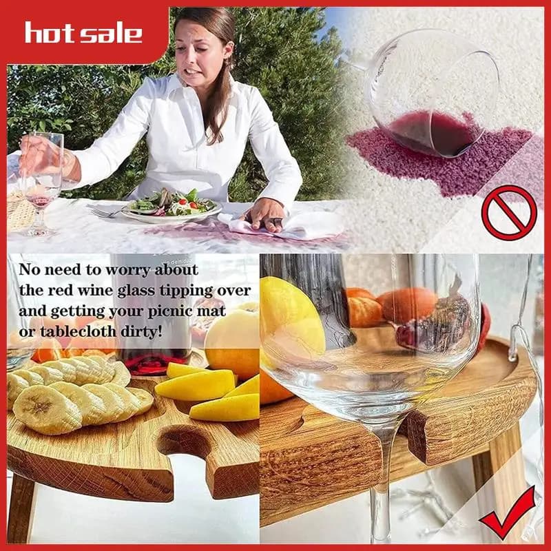 A57M-Tavolo da picnic pieghevole in legno con portabicchiere da vino - Portabicchiere da vino portatile creativo 2 in 1 e piatto scomparto