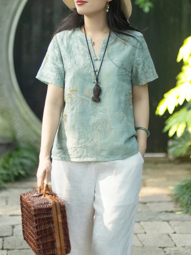 Nuova Camicia da Donna in Stile Cinese con Ricami, Maniche Corte, Scollo a V, in Cotone e Lino, Traspirante, Comoda, Anti-UV