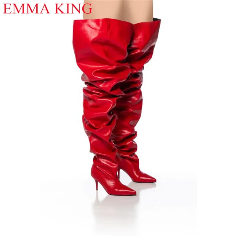 Stivali alti alla coscia da donna pieghettati rossi autunnali scarpe da festa da donna Sexy stivali sopra il ginocchio 2023 tacchi alti Chaps stivali lunghi donna 2023