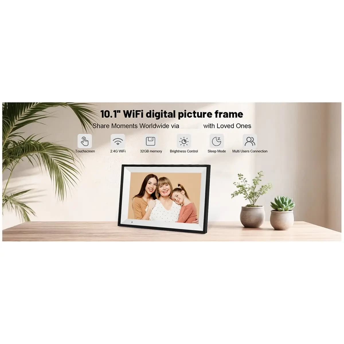 Cornice Digitale AS62, Cornice Portafoto da 10.1 Pollici con Schermo Touch IPS HD 1280x800, Memoria da 32GB per Condividere Foto Tramite APP