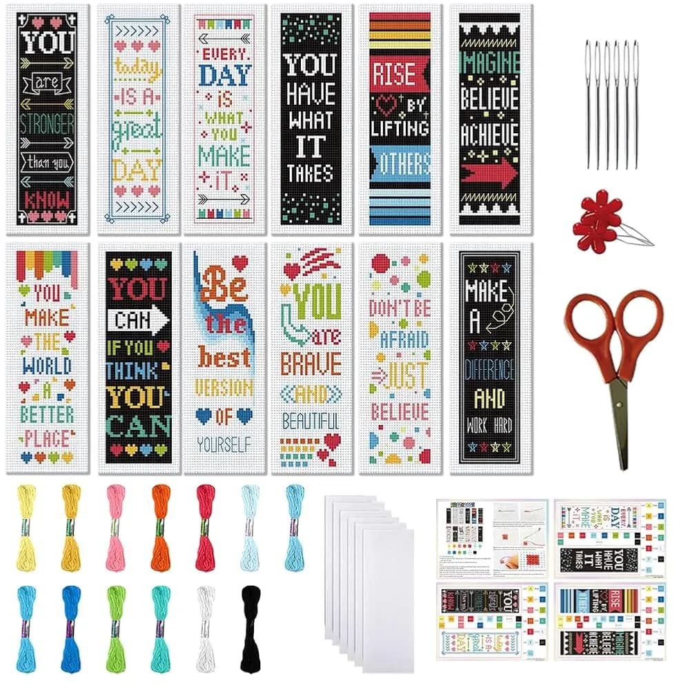 Set di 12 Kit per Segnalibri a Punto Croce per Principianti Adulti, Kit Stampati per Ricamo a Punto Croce con Scritte Ispirazionali