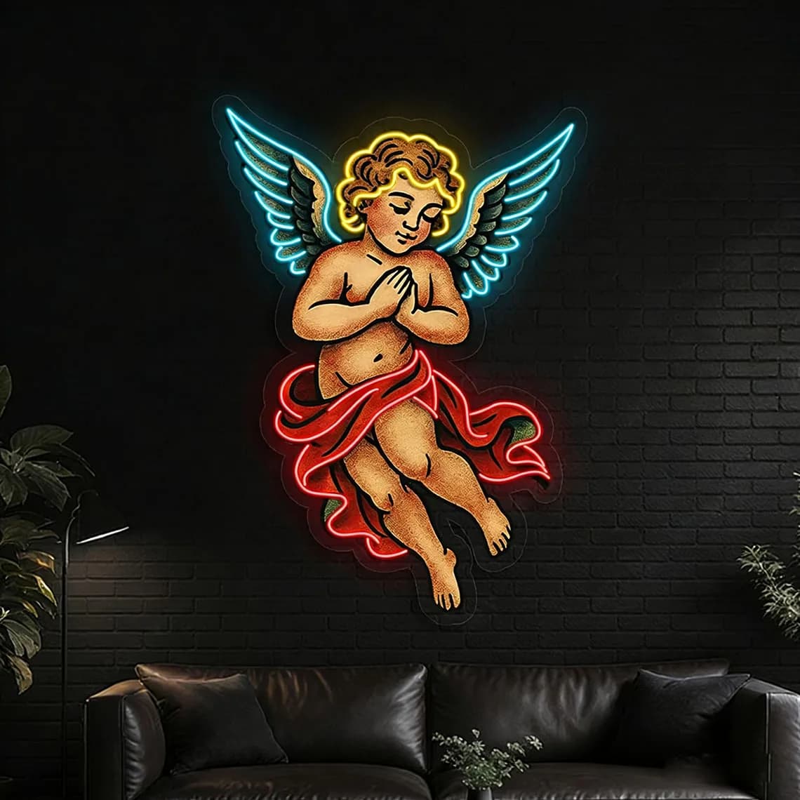 Insegna al neon stampata UV Cherub Angel, insegna al neon colorata con angelo in preghiera, insegna con angelo alato, insegna con angelo guaraniano, insegna al neon con angelo carlino