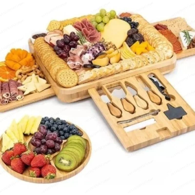3-Drawer Bamboo Cheese & Cutting Board Set, Nordic Style Serving Tray with Knife for Fruit, Bread, Steak