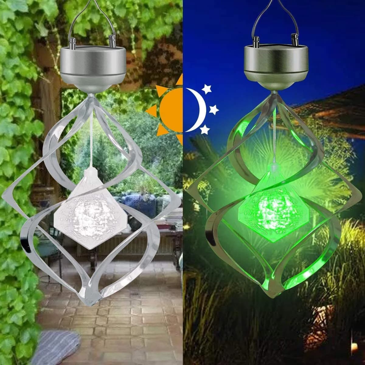 Solar Wind Chimes Lights Outdoor Decorative Diamond Shape Hanging Night Lights with Auto Light White Glow for Garden