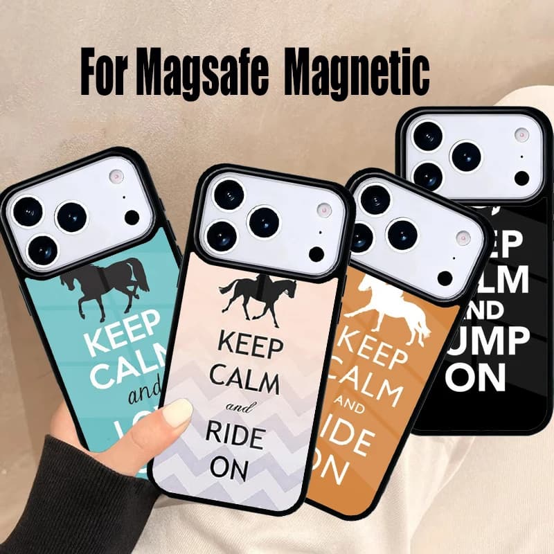 Custodia per iPhone con design 'Keep Calm and Jump on the Horse' per iPhone 17 Air 16e 15 14 13 12 11 Pro Max Plus, Cover Magnetica Wireless Magsafe