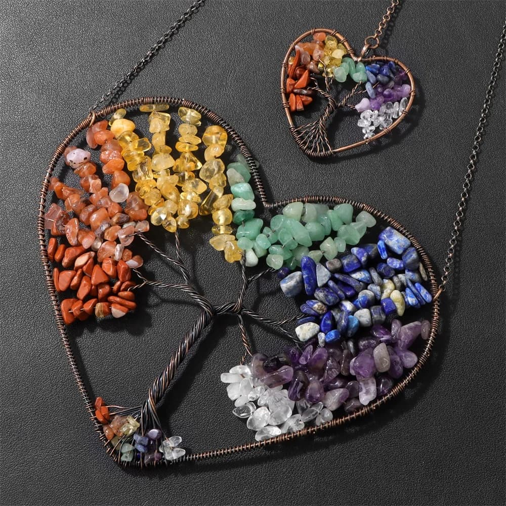 Handmade 7 Chakras Tree of Life Wire Healing Art Wall Decor Natural Crushed Gemstones Heart Dreamcatcher For Meditation Decor