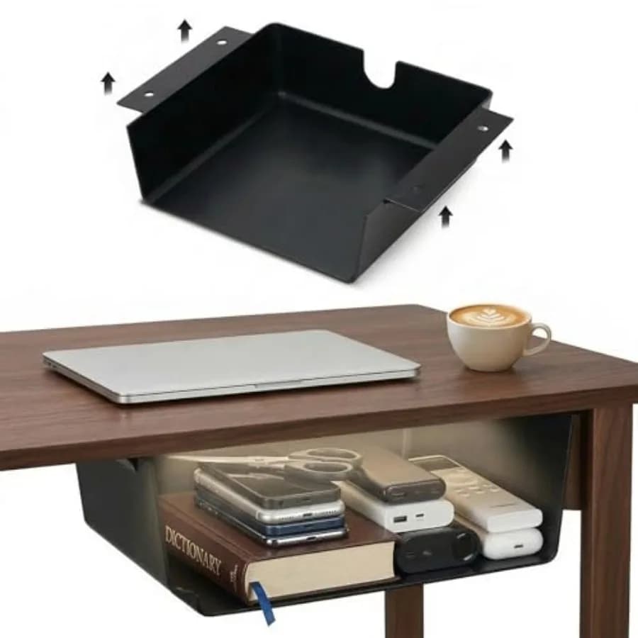 Under Desk Hanging Shelf Drawer Organizer, Attachable Plastic Hidden Storage Tray, Easy Adhesive Mount Holder for Standing Tabl