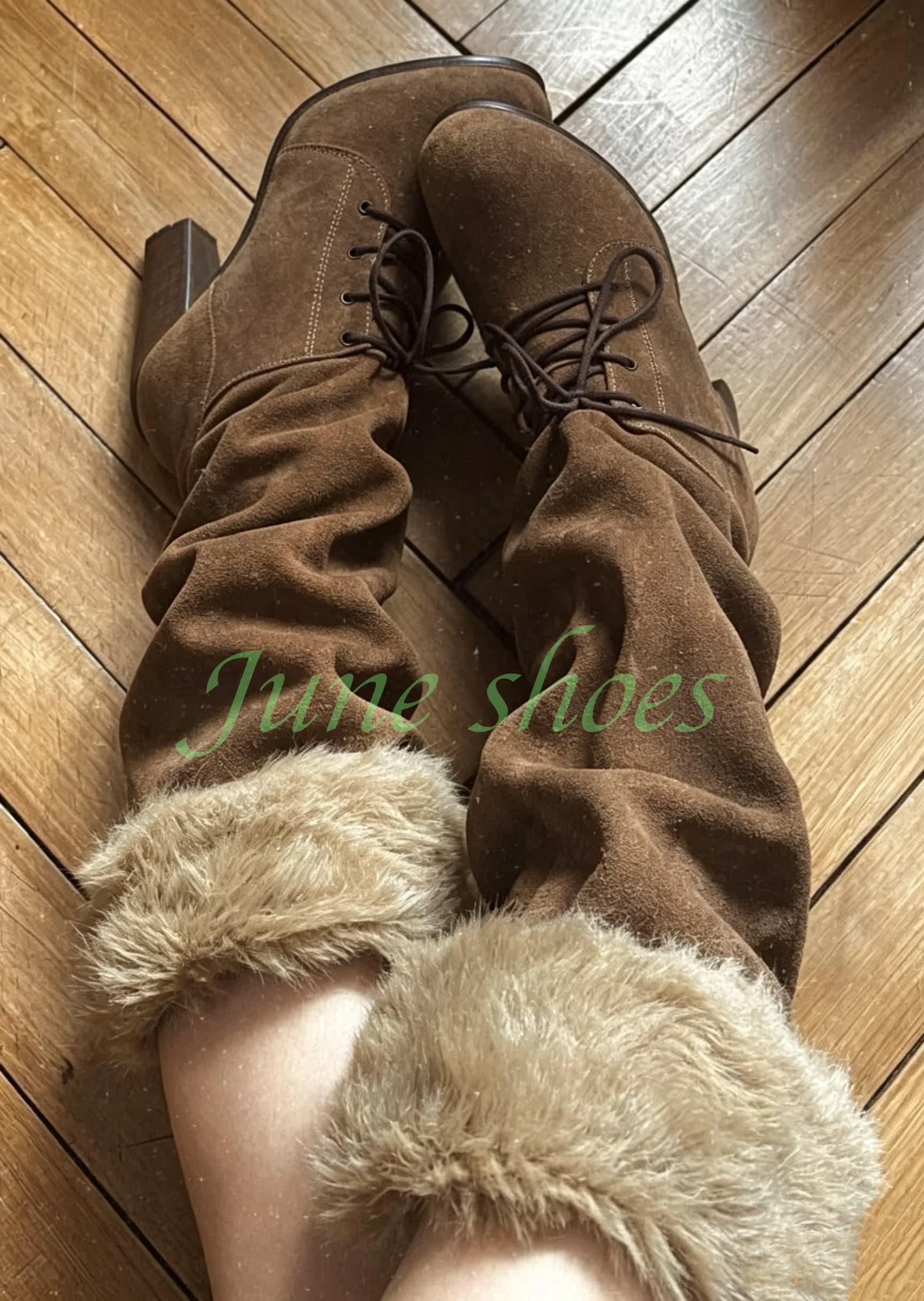 Pleated Design Knee High Boots Brown Suede Faux Fur Cuff Front Lace-Up Chunky Heel Women Winter Warm Gladiator Vintage Boots 46