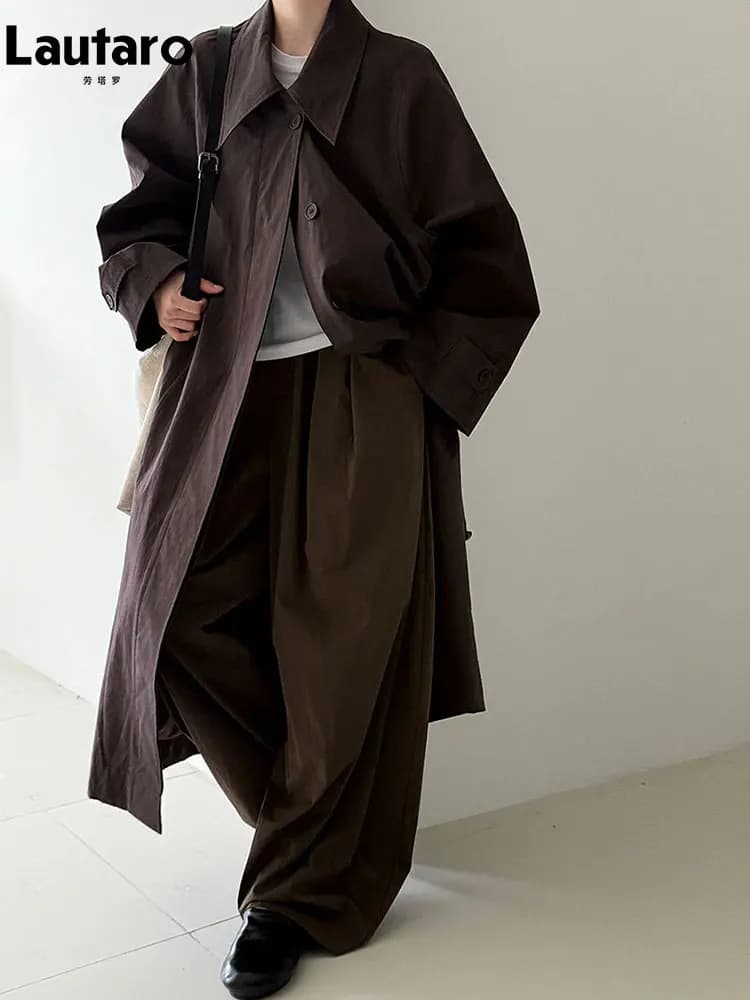 Lautaro Spring Autumn Long Black Loose Casual Trench Coat for Women Turn-down Collar Belt Luxury Designer Korean Fashion Clothes