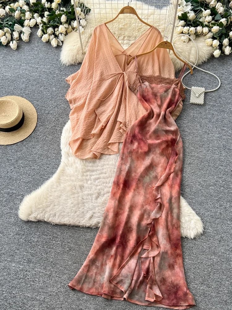 Summer Vacation Style Ombre Strap Dress Cardigan Two-Piece Set Women's Pure Desire Sunscreen Commute Ensemble High Waist Slim...