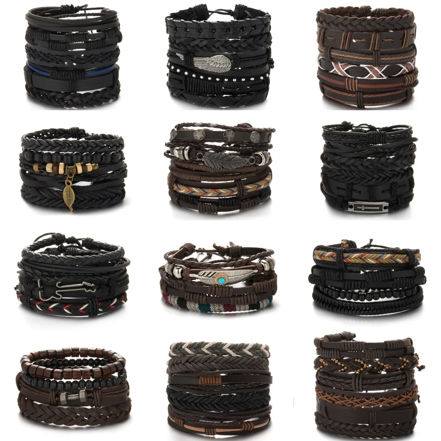 Braccialetti in pelle intrecciata alla moda da uomo Vintage croce manubri chitarra fascino perline di legno braccialetti maschili gioielli Pulsera Hombre