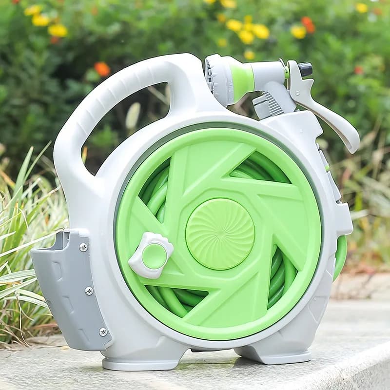 Mini avvolgitubo da giardino in plastica da 15 m, portaoggetti portatile per balcone e auto