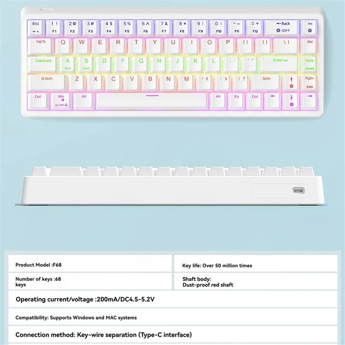 [VALUE PACK]68 Key Mechanical Keyboard USB Wired RGB Backlight LED Red Switch Keyboard for Game PC Laptop
