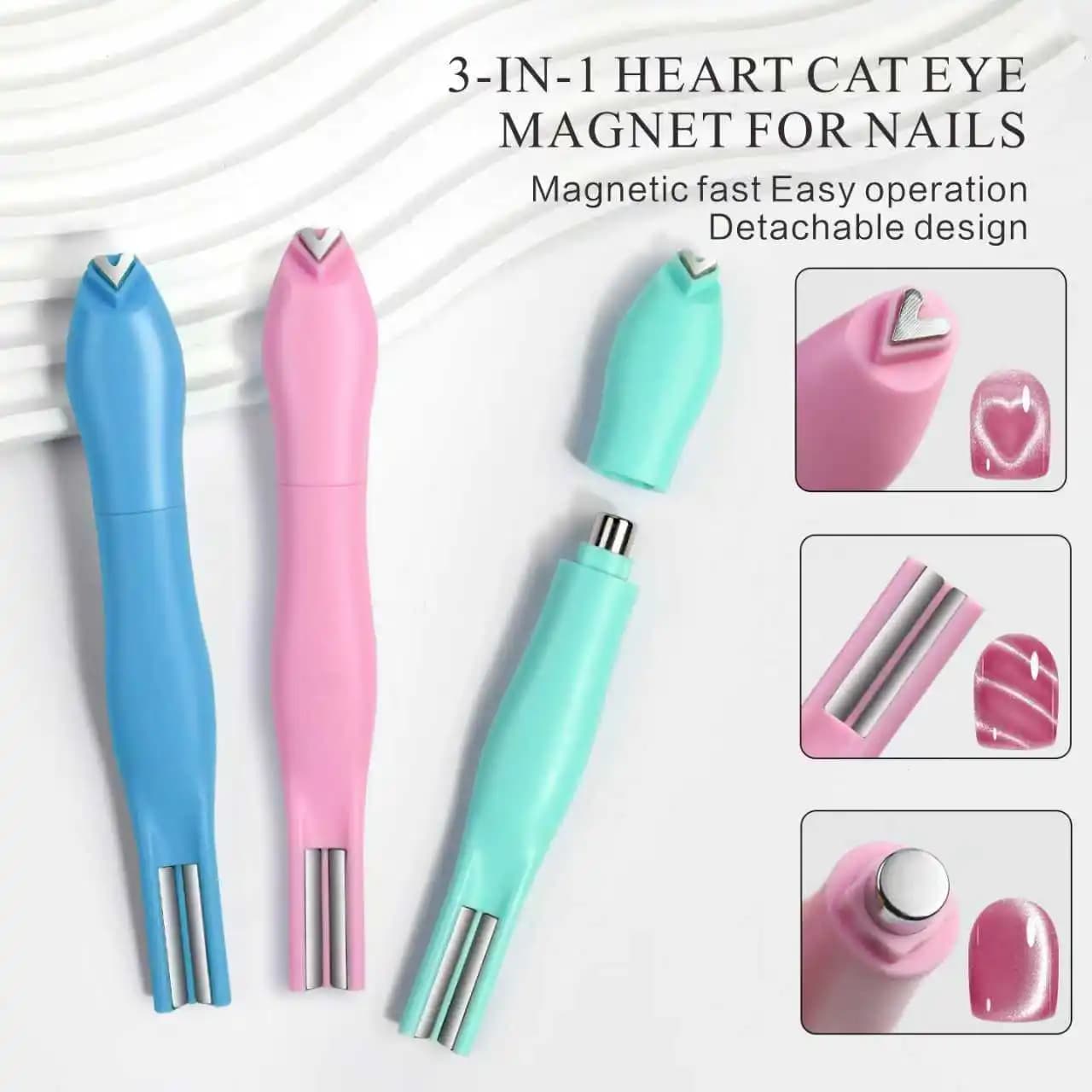 1Pcs 3-In-1 Heart Shape Cat Eye Nail Art Magnet Double Line Moon Snake French Magnet Pen for Magnetic Gel Polish Manicure Tools