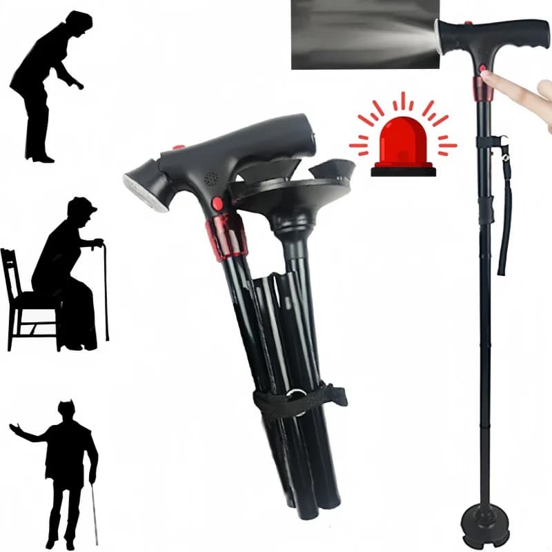Folding Elderly Walking Stick With Buffered T Handle And Pivoting Quad Base Walking Stick Cane With LED Light And Alarm