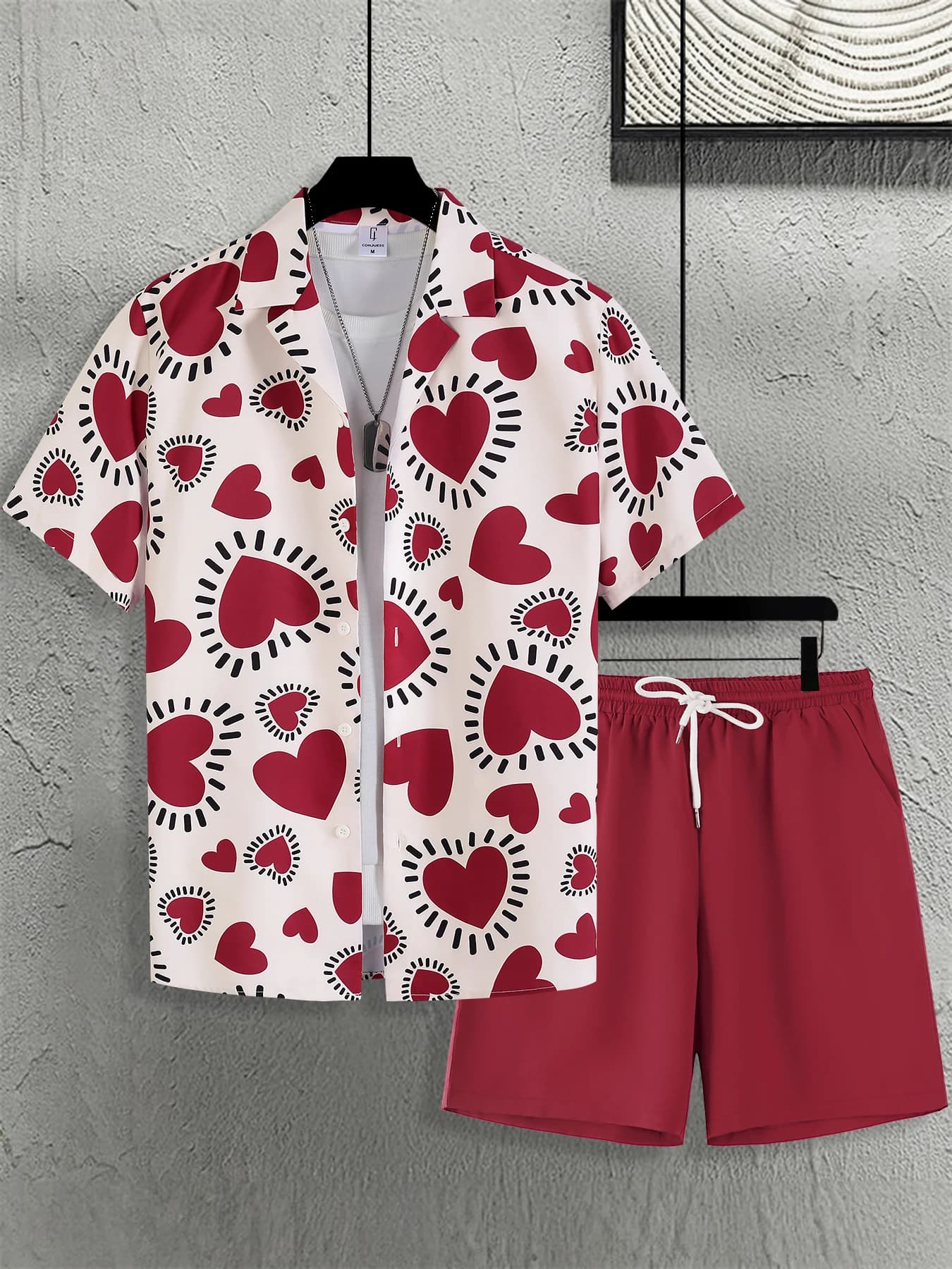 Men's Casual Red and White with Heart Printing, Set 2 Pieces: Shirt with Cuban Colletto and Shorts with Coulisse
