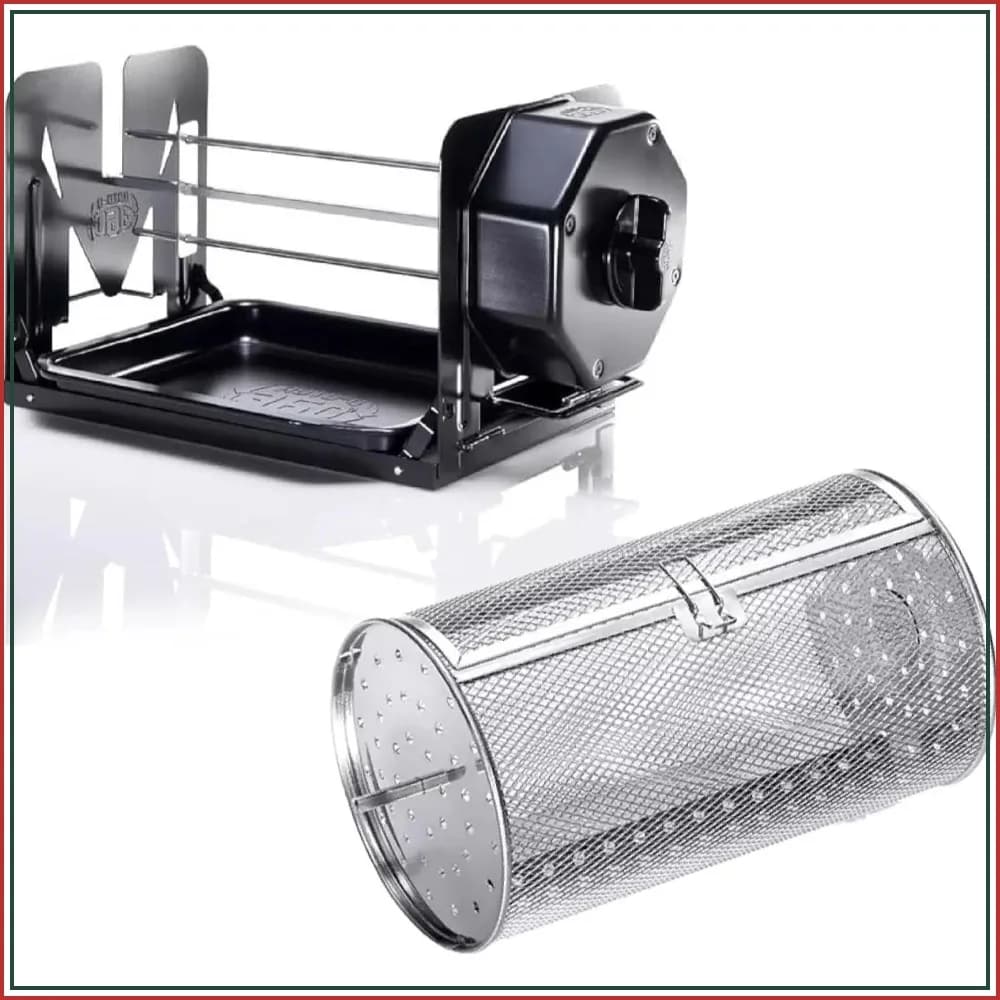 360° Rotisserie Kit with Basket for BBQ Grill Oven Smoker - Stainless Steel, Non-Electric, Auto Rotisserie - Gas Charcoal Kamado Kettle, Indoor Outdoor Use (Black)