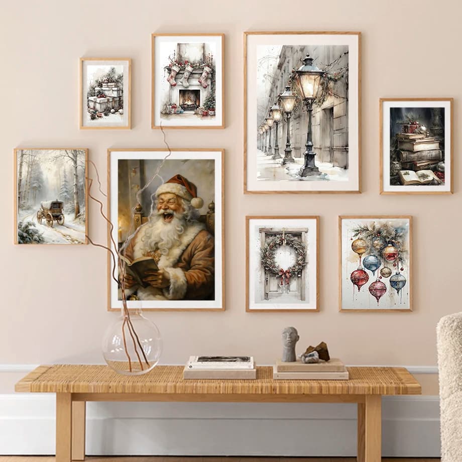 Babbo Natale Pupazzo di neve Alce Calzini natalizi Slitta Paesaggio di neve Moda Wall Art Canvas Painting Nordic Poster Room Decor