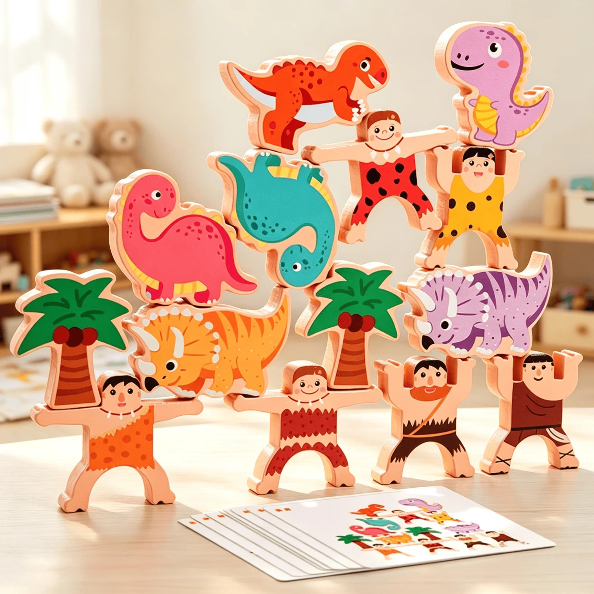 Montessori Wooden Balance Stacking Toys Dinosaur And Primitive Man Theme Building Blocks Balance And Concentration Training 3+Y