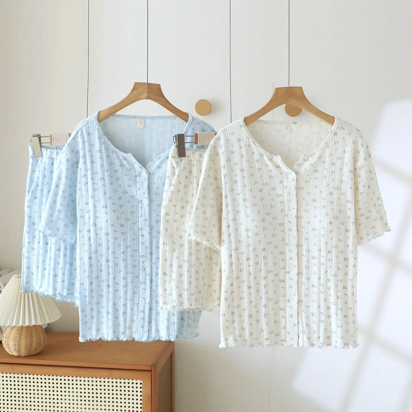 Summer Women's Pajama Print Floral Cotton Round Neck with Chest Cushion Short Sleeve Shorts Thin Home Clothes Two Piece Set