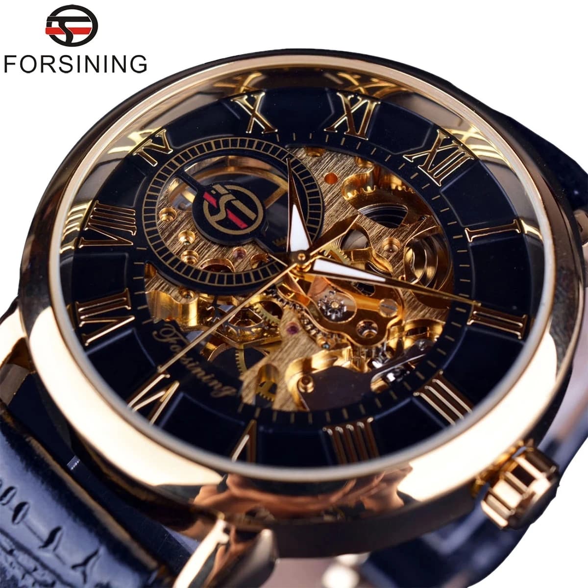 Forsining 3d Logo Design Incisione cava Cassa dorata nera Scheletro in pelle Orologi meccanici Uomo Luxury Brand Heren Horloge