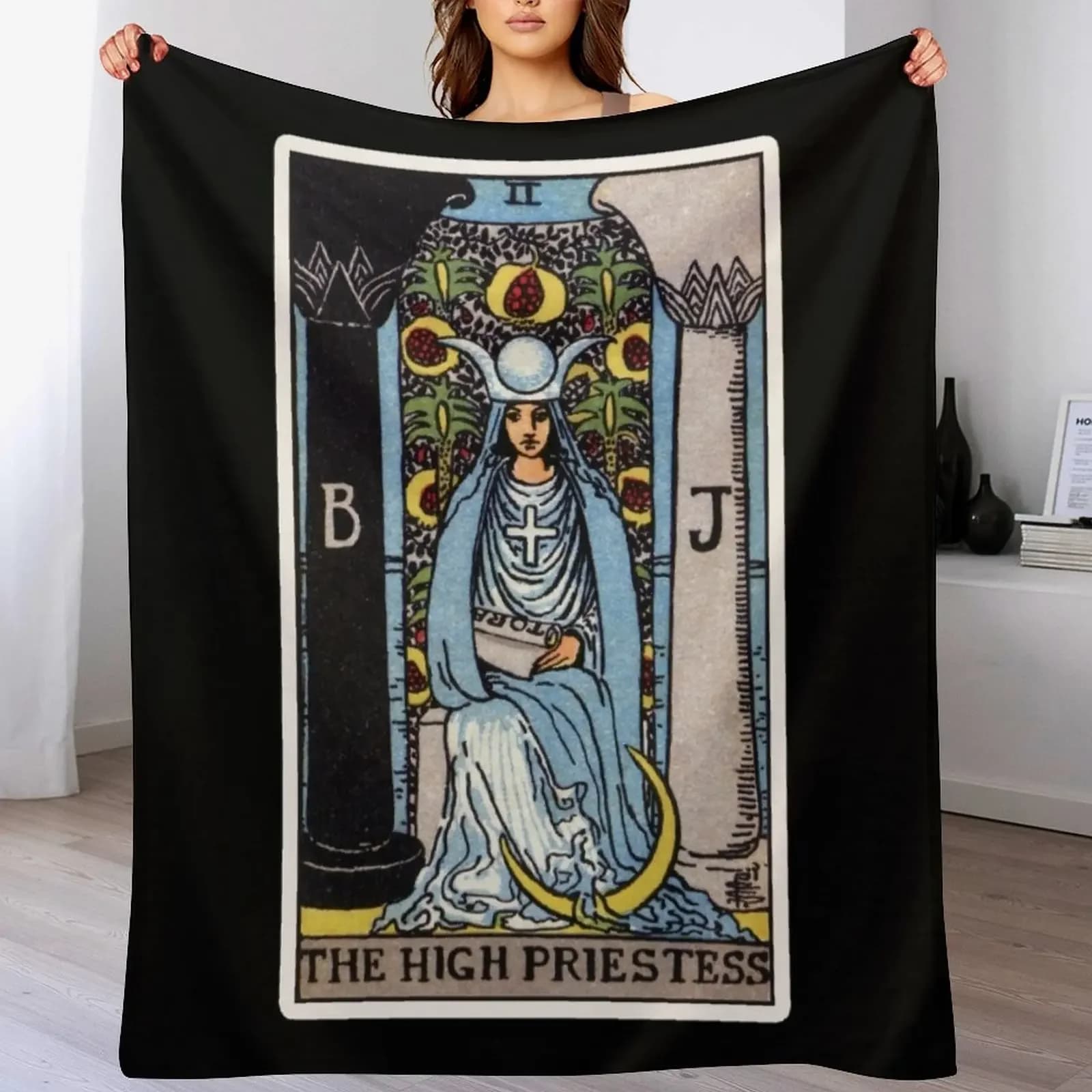 II. Coperta da viaggio con stampa delle carte dei Tarocchi della Sacerdotessa, dimensioni da viaggio, comoda coperta per aereo e treno