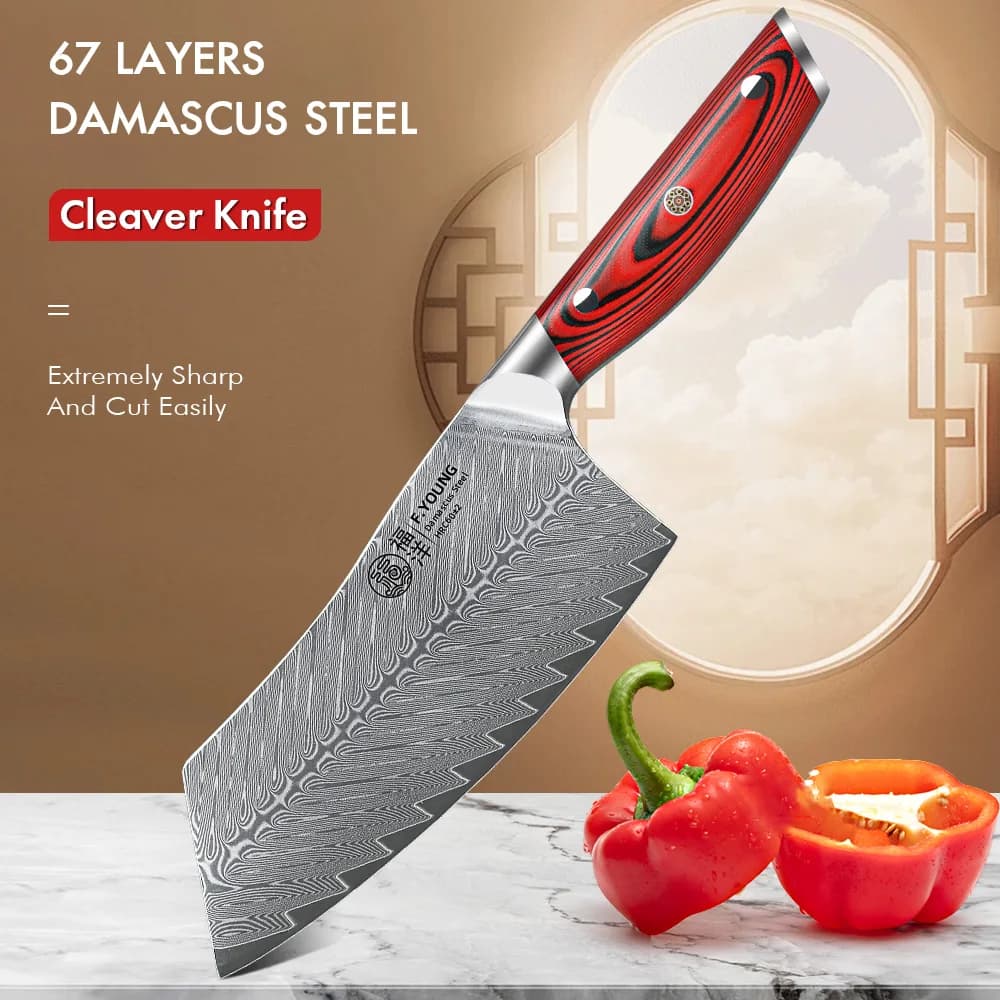 F.YOUNG Coltello professionale per mannaia da 7 pollici Coltello da chef in acciaio di Damasco a 67 strati Cucina multiuso per tagliare le verdure