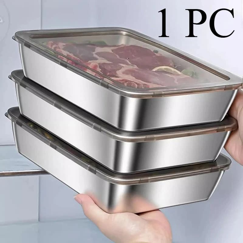 1Pc Stainless Steel Food Storage Container with Lid Rectangular Meal Prep Tray Thick Refrigerator Fruit Noodle Lunch Bento Plate