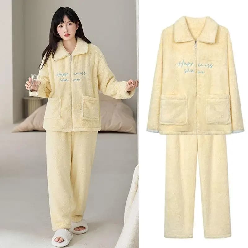 Cute Winter Women Pajamas Set Flannel Thicken Warm Pijamas Suit Long Sleeves Lapel 2 Pcs Shirt&pants Loungewear Sleepwear