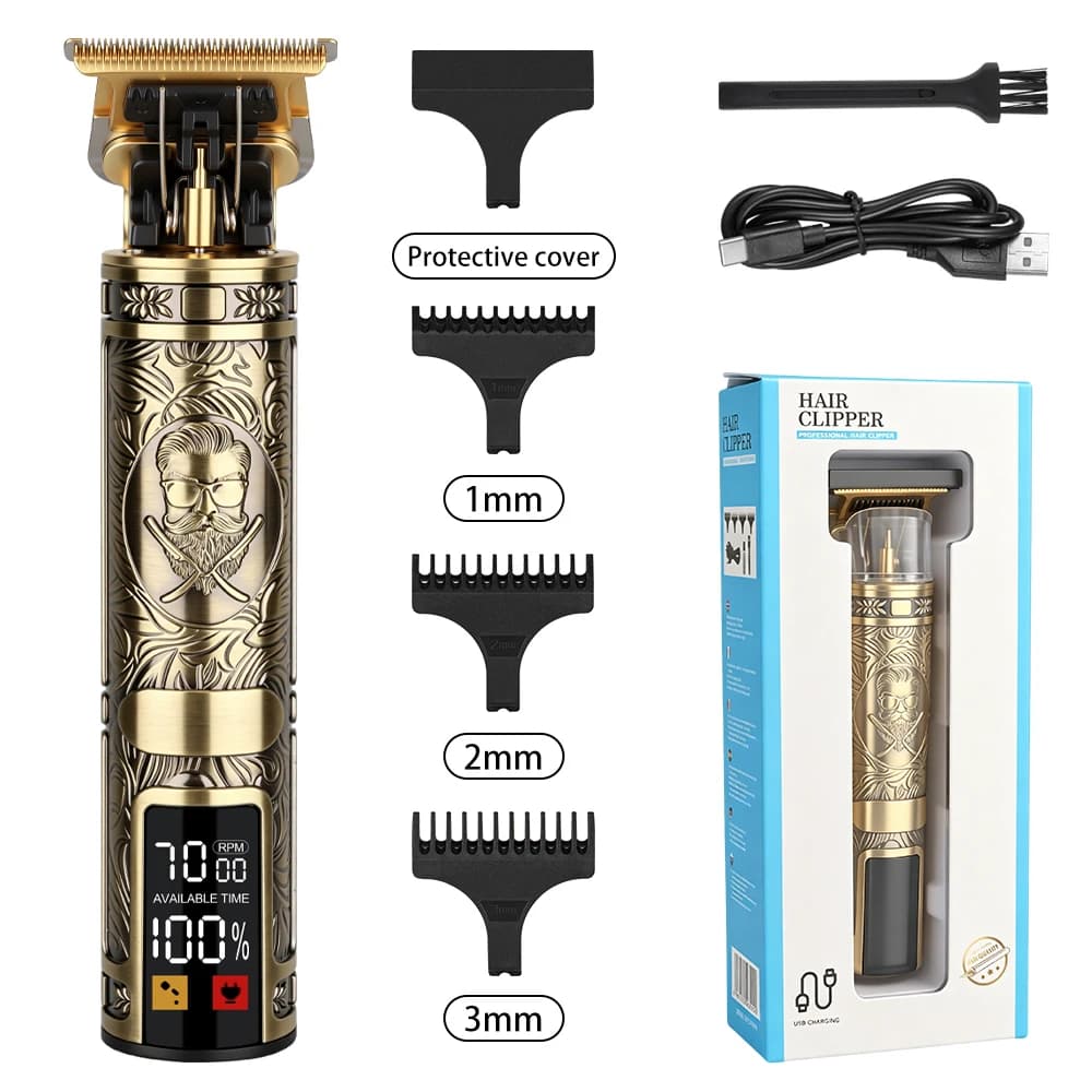 Tagliacapelli LCD Vintage Ricaricabile USB con Pettini Guida da 1/2/3mm per Taglio Barba e Capelli