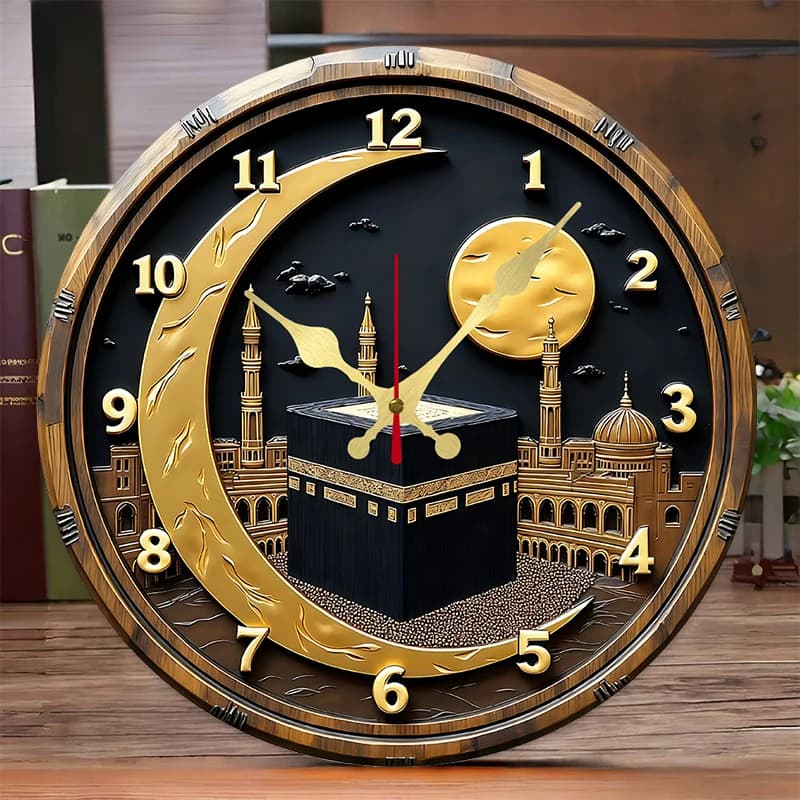 Black and golden Kaaba wooden silent hanging wall clock, suitable for living room, office, study room, bedroom, home decoration